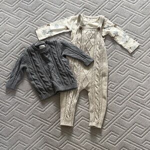 Little planet Baby Knit Cable Overalls & Sweater Set - Cream & Gray - 12M